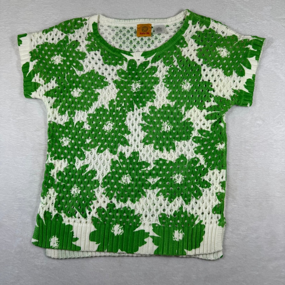 Ruby Rd Womens XS Green White Floral Open Knit Crochet Short Sleeve Sweater